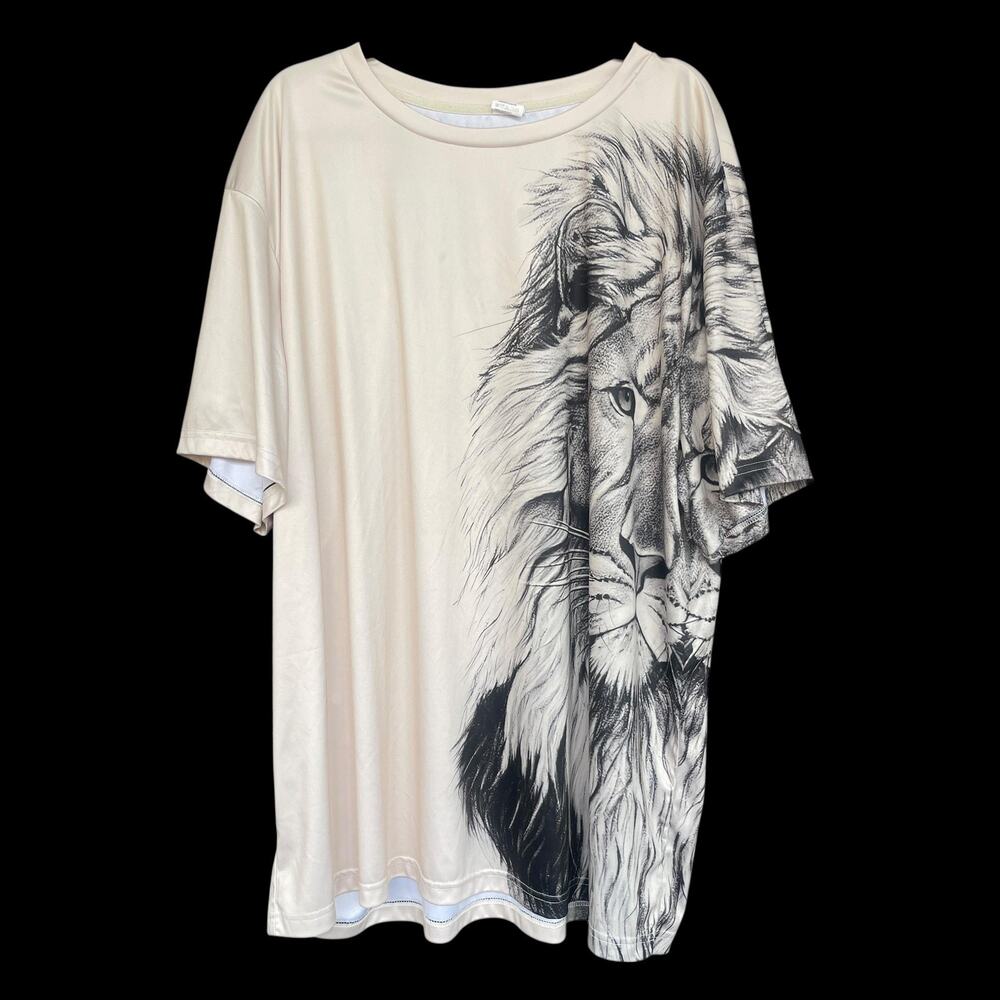 Lion Graphic Shirt Mens 5XL Beige All Over Print Big Face Animal Tee Crewneck